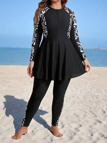 Swim Mulvari Conjunto burkini de talla grande con estampado floral de retazos para vacaciones de verano y playa - Blanco y Negro - Ver 4