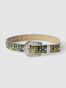 MortiRose Rhinestone Studded Western Style Cross Design Jeans Belt For Men & Women, Fashion Cowboy Diamond Belt Summer, School Fall, Autumn, Halloween - Green - View 4