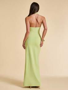 SHEIN BAE Đầm ôm sát màu xanh lá cây trơn, cổ yếm, viền bèo nhún, thanh lịch dành cho nữ, thích hợp đi nghỉ mát, dự tiệc, làm phù dâu, đi học/tốt nghiệp. - màu xanh lá - Xem 2