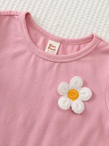 Cozy Pixies 2pcs Baby Girl Floral Embroidered Round Neck Short Sleeve Top And Elastic Waist Pants Set - Pink - View 4