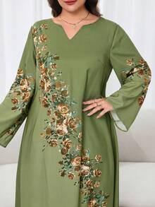 Al Najma Plus Size Women Floral Pattern V-Neck Long Sleeve Arabic Style Dress - Green - View 6