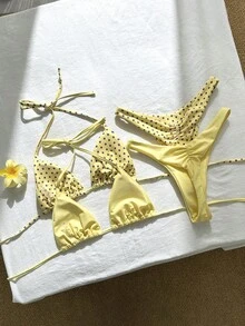 Swim Mod 4件組新款圓點與純黑色綁帶側高衩比基尼泳衣套裝，女款海灘度假風 - 黃色 - 查看 2