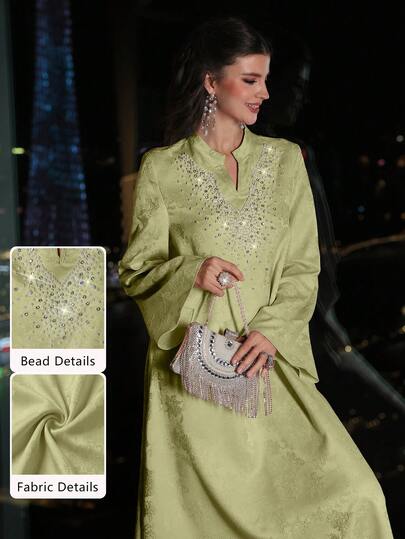 Layrah Spring & Summer Elegant Fuchsia Jacquard Embellished Pearl & Rhinestone Flared Sleeve Dress