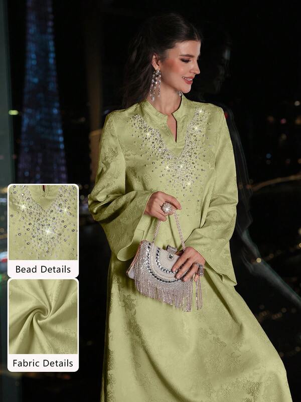 Layrah Spring & Summer Elegant Fuchsia Jacquard Embellished Pearl & Rhinestone Flared Sleeve Dress