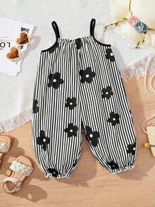 SHEIN Baby Girl Woven Floral & Striped Casual Jumpsuit - Green - View 7