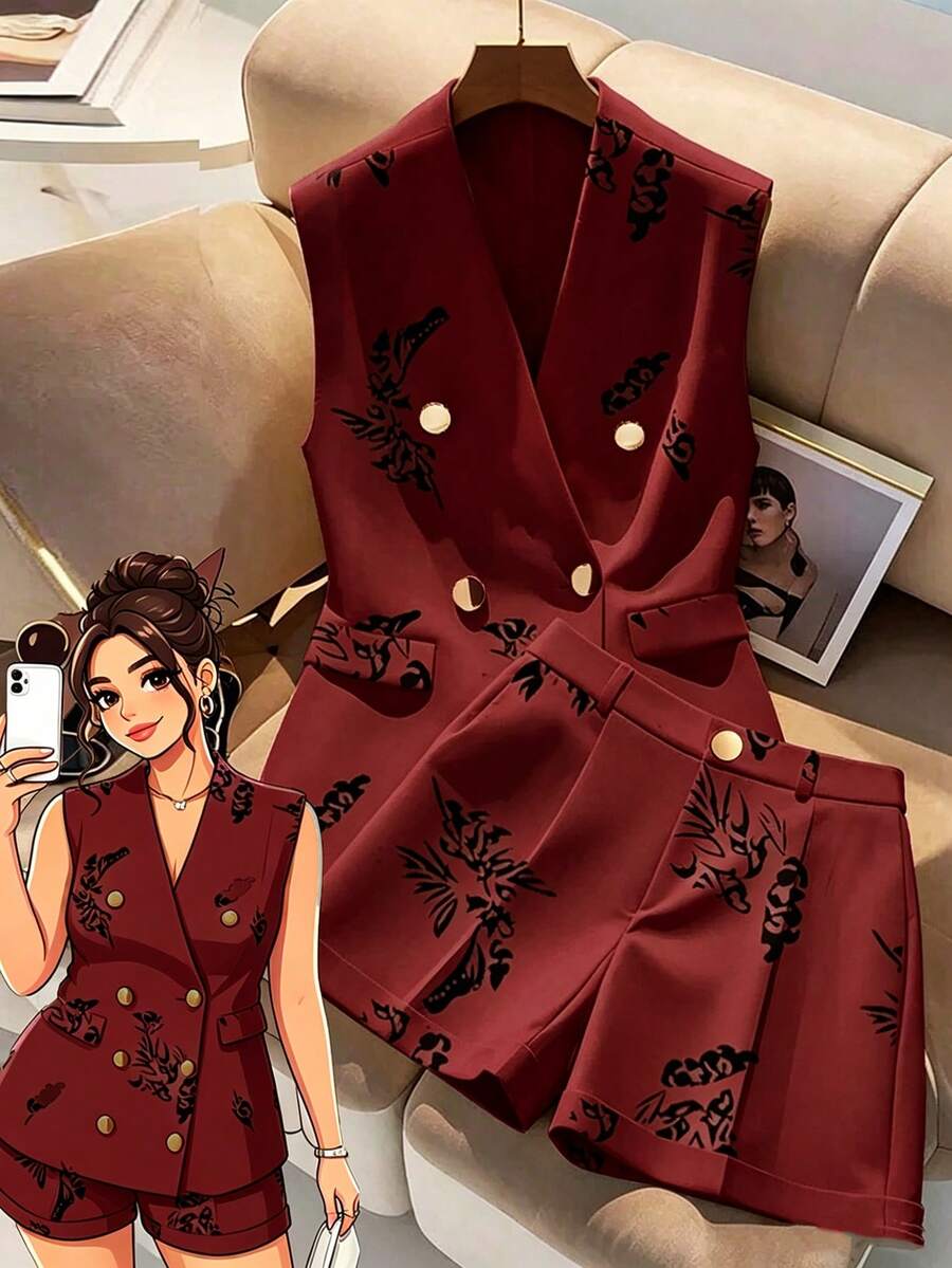 SHEIN Clasi 时尚优雅V领无袖收腰数码印花两件套,大码,春夏款 - 酒紅色 - 查看 1