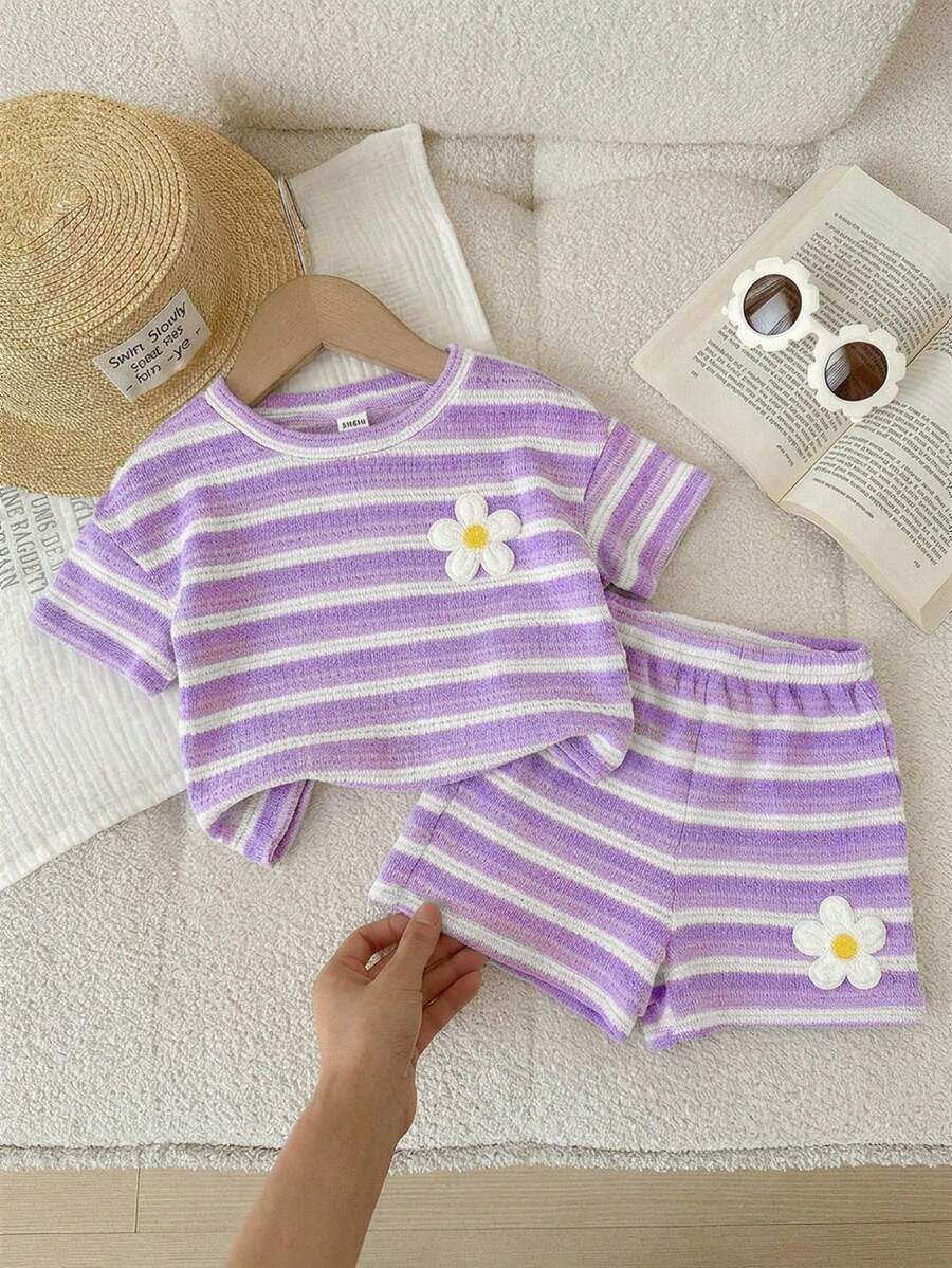 LMoss Kids 2pcs Baby Girl Knitted Striped Round Neck T-Shirt And Shorts Set - Mauve Purple - View 1