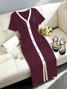 Franclia Plus Size Women's French Style Casual Elegant Ribbed V-Neck Short Sleeve Dress - Red Violet - View 3