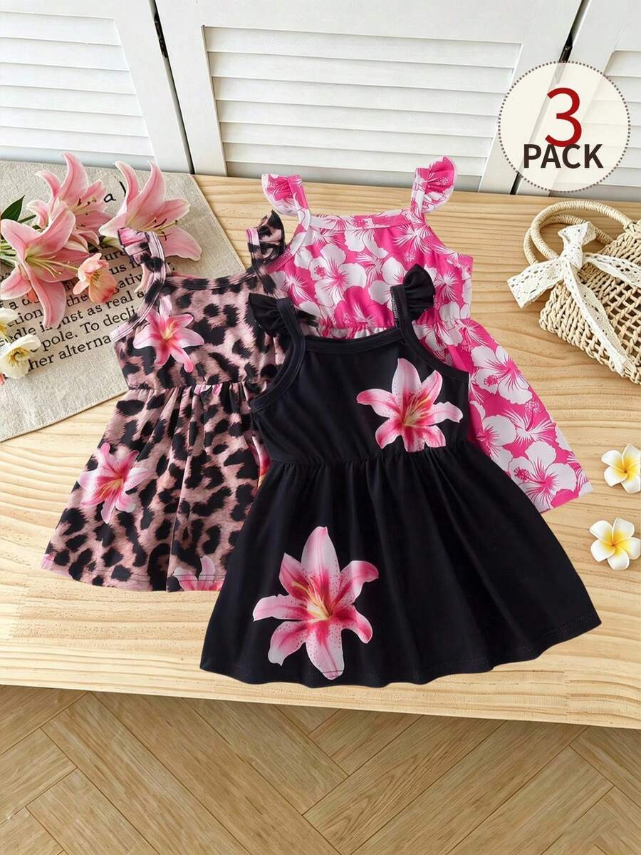 SHEIN 3pcs/Set Baby Girl Black & Magenta Leopard Print Floral Decor Spaghetti Strap Dress Set, Suitable For Street, Travel, Vacation Outfits