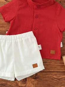 Set Baju Lengan Pendek dan Celana Pendek Pinggang Elastis Gaya Sekolah Kasual Lucu untuk Bayi Laki-laki Baru Lahir - Red and White - View 5