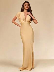 SHEIN BAE Yellow V-Neck Ruffle Hem Long Satin Dress, Elegant Wedding Guest Attire, Spring/Summer,Wedding Guest Dress Women - Light Yellow - View 6