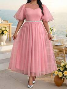 Fleurora Đầm dự tiệc cỡ lớn thanh lịch phối lưới - Hồng - Xem 1