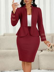 SHEIN Lady Bộ 2 món áo dài tay và chân váy công sở tối giản màu đỏ tía dành cho nữ, thích hợp cho mùa thu/đông. - Màu Đỏ Sâu - Xem 3