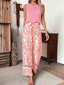 Breezaya Set da 2 pezzi da donna casual per vacanze con canotta tinta unita e pantaloni con cintura in vita a sacchetto e stampa all-over, primavera/estate - Rosa - Visualizzare 6