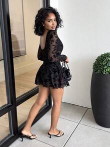 Alexandranx Women Flocked Mesh Cutout Bow Decor Long Sleeve See-Through Dress Fall Cloth For Women Elegant ,Petite Women - Black - View 5