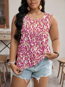 SHEIN VCAY Plus Size Leopard Print Round Neck Sleeveless Tank Top - Multicolor - View 1