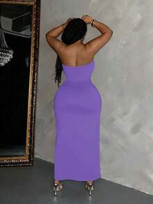 Slaydiva Slayr Plus Elegant Casual Solid Color Bodycon Pocketed Dress For Plus Size Women - Purple - View 2