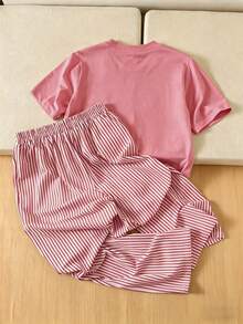 SHEIN Teen Girl Striped Short Sleeve T-Shirt And Pants Set - Pink - View 2