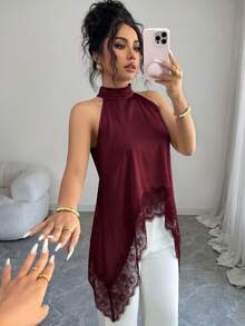 SHEIN Elenzya 女士纯色撞色蕾丝优雅吊带上衣 - 酒紅色 - 查看 7