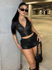 Dayanna Comas 女款酒紅色深V領綁帶短版上衣搭配側綁帶超短褲 2件套 黑色夏季 - 黑色 - 查看 5