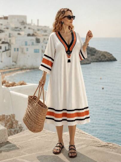 Ceyna Vestido casual de corte recto con estampado de estilo vintage francés, cuello en V y mangas 3/4, adecuado para primavera/verano, tallas grandes