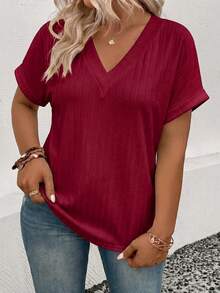 EMERY ROSE Women's Spring/Summer New Arrival Soft Knit Wide Ribbed V-Neck Short Sleeve Plus Size T-Shirt - Burgundy - View 4