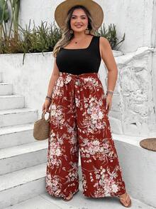 SHEIN CURVE+ Bộ jumpsuit thời trang tối giản dành cho người có vóc dáng ngoại cỡ, thích hợp mặc hàng ngày, phong cách boho hoặc đi nghỉ mát. - màu nâu - Xem 4