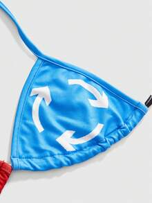ROMWE Summer Beach Vacation Colorblock Print Triangle Bikini Top Red White And Blue Sexy Y2k - Multicolor - View 3