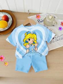 Bộ 2 món gồm áo thun ngắn tay cổ tròn và quần short in hình hoạt hình bé gái và trái tim màu xanh dương tươi sáng, trang phục thường ngày thoải mái cho mùa xuân/hè, thể thao, dã ngoại, họp mặt. - trắng - Xem 3