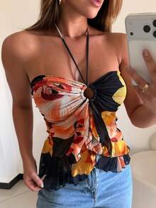Resyla Women's Vacation Casual Floral Print Ruffle Trim Halter Neck Blouse - Multicolor - View 1