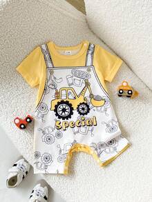 SHEIN Playful Pals Baby Boy Cute Car Print Soft & Comfortable Romper, Suitable For Daily Wear And Holiday Gifts - Yellow - View 3