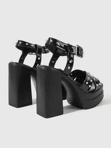 Sugerpunk Sandalias de plataforma de tacón alto con punta cuadrada y abierta, estilo callejero para mujer. Diseño de hebilla cuadrada de metal con tachuelas góticas de estilo punk, correa de tobillo elástica, plataforma gruesa impermeable, tacón ancho. Zapatos de mujer para discoteca, fiesta y festival de primavera/verano, de fácil puesta. - Negro - Ver 4