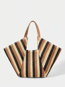 Large Capacity Bohemian Woven Straw Tote Bag With Fringe And Striped And Plain PU Handles For Beach Vacation Summer - Aprikot - View 4