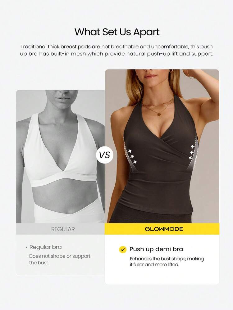 FeatherFit™ Breathable Lightweight Waist Length Side Mesh Push Up Crossover Halter Tank With Removable Anti-Slip Cups Yoga Studio Pilates Daily Wear Top