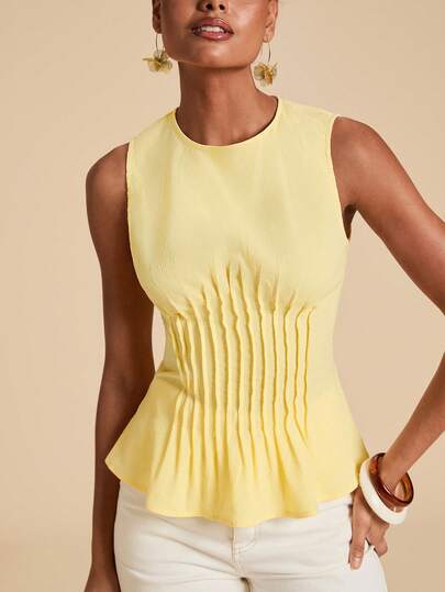 Travachic Pleated Solid Color Round Neck Waist Sleeveless Tank Top