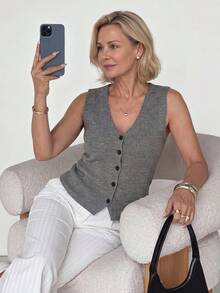 Vivie Lora Middle-Aged & Elderly Women's Solid Color Single-Breasted Vest Summer - Grey - View 7