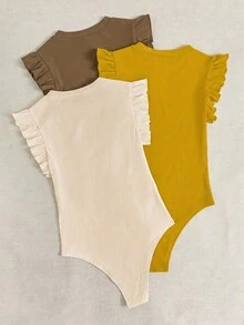 SHEIN LUNE Women's Ribbed Ruffle Cap Sleeve Bodysuit Round Neck Form-Fitting Top In Light Yellow Shades Of Brown High Stretch Basic Daily Wear Holiday - Multicolor - View 2