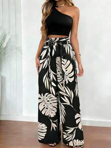 EMERY ROSE 2pcs/Set Women Fitted One Shoulder Top (With Belt) And Straight Leg Printed Pants Set - Black - View 3