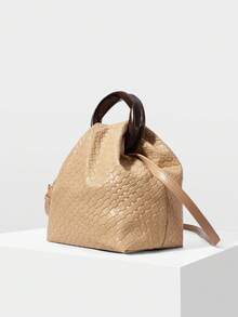 MOTF PREMIUM TAS TANGAN WANITA WARNA APRIKOT, TAS TANGAN LIBURAN PU TENUN YANG INDAH DAN SEDERHANA, PEGANGAN BULAT, GAYA KAYA RAYA, GAYA LIBURAN, GAYA RETRO, COCOK UNTUK WANITA, IBU, PERJALANAN KERJA, LIBURAN, SEHARI-HARI, BELANJA, PERJALANAN - Sampanye - View 3