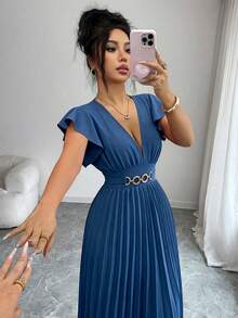 Elenzga New V-Neck Ruffle Sleeve Woven Solid Color Metal Decor Button Pleated Design Elegant Young Party Holiday Dinner Cocktail Maxi Dress For Women - Blue - View 5
