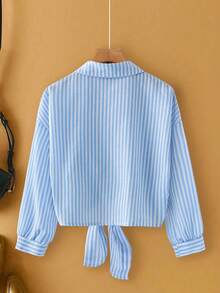 SHEIN Franclia Áo cardigan dài tay cổ bẻ kiểu Pháp thanh lịch, thắt nơ phía trước, áo sơ mi kẻ sọc dành cho nữ, hàng mới về mùa thu. - Màu xanh lam - Xem 2