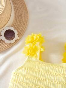 SHEIN Kids Holiday Vacation Young Girl Knitted Solid Color One-Piece Yellow Bow Swimwear - Yellow - View 6