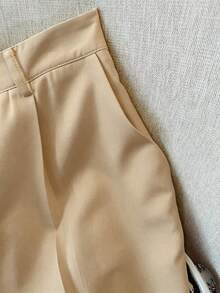GlowEve CURVE Plus Size Women's Elegant Rose Gold Metal Decor Elastic Waist Side Zipper Straight Leg Long Pants, Suitable For Spring & Summer - Khaki - View 5