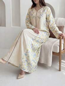 Al Najma Women's Floral Print V-Neck Elegant Long Sleeve Arabic Dress - Multicolor - View 8