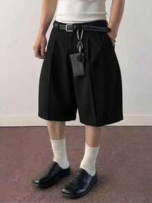 SWAVVY Men's Casual Solid Color Pleated Loose Shorts, Summer - Black - View 4