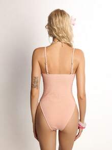 Bellisia 1pc Women Lace Trim One-Piece Swimsuit,Light Pink Cute Summer Holiday Beach Party Bathing Suit, Bow-Tie Bikini With Removable Cup Pads,Vacation - Pink - View 7