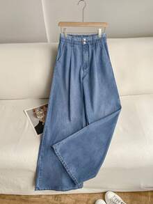 SHEIN Women's Denim Patchwork Wide Leg Pants - Blue - View 3