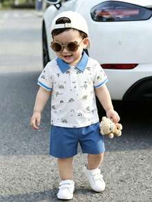Souflis Souflis Baby Boys Spring/Summer White Sky Blue Contrast-Color POLO Collar Short-Sleeved Top And Shorts Set. Vacation Cute - Baby Blue - View 4