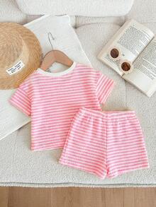 LMoss Kids 2pcs Baby Girl Knitted Striped Round Neck T-Shirt And Shorts Set - Coral Pink - View 2