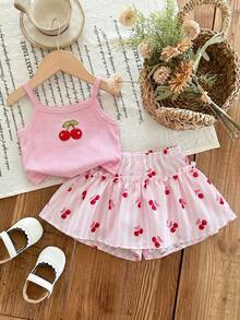 SHEIN LMoss Kids 2件套女婴针织纯色碎花图案吊带背心和短裤套装 - 粉色 - 查看 2
